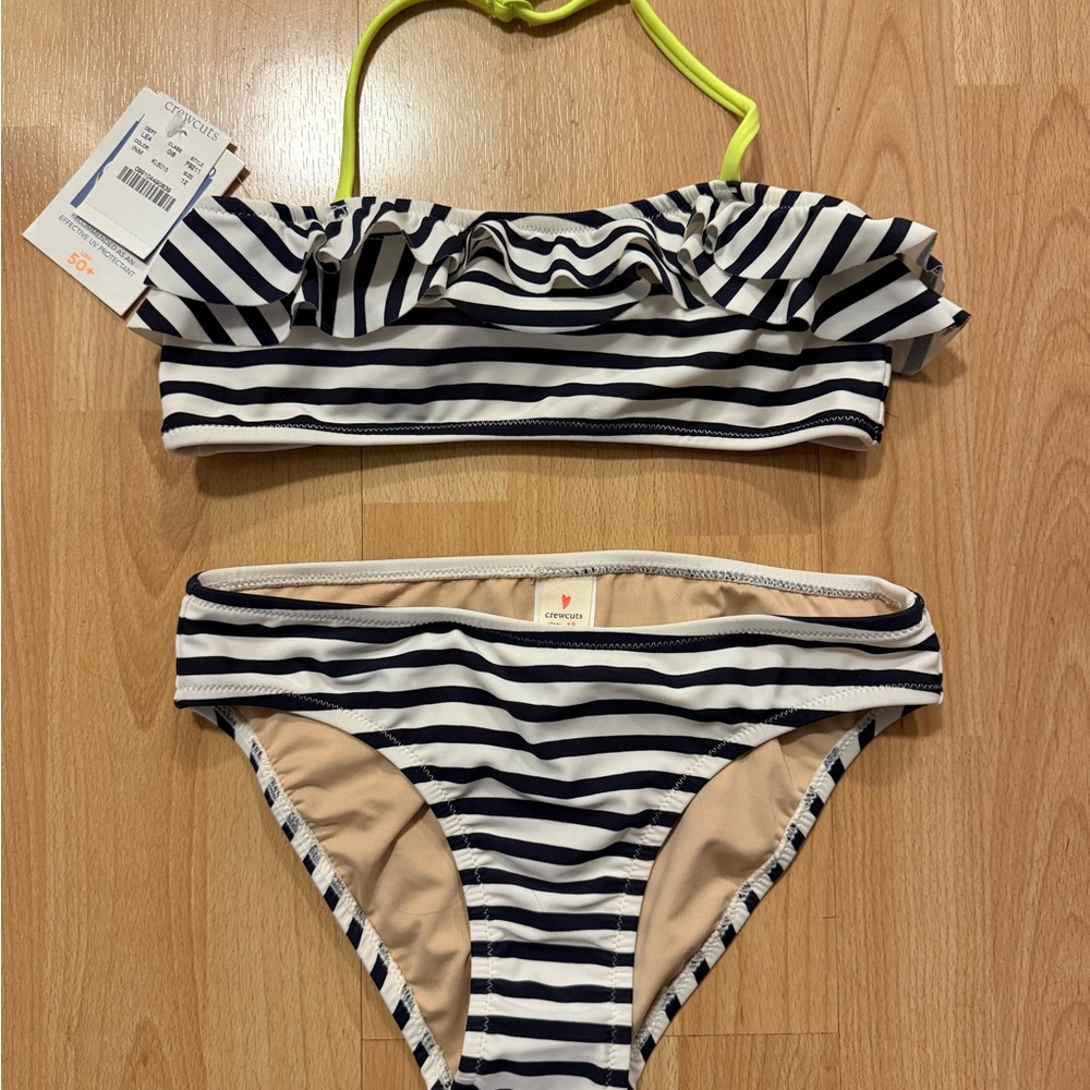 Crewcuts Striped Bikini Set with Ruffle Top NEW with tags Navy Blue and White